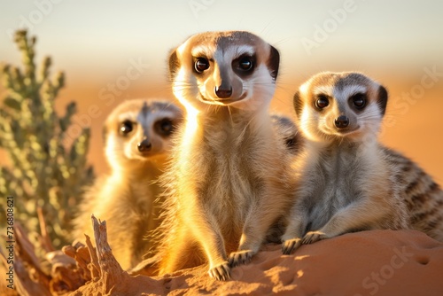 A meerkat family vigilantly observing the surroundings, Small meerkat family sitting watching nature beauty, Ai generated