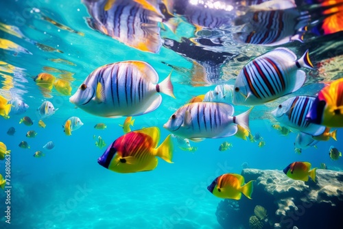 A school of colorful tropical fish in crystal-clear water