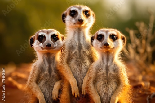 A meerkat family vigilantly observing the surroundings, Small meerkat family sitting watching nature beauty, Ai generated