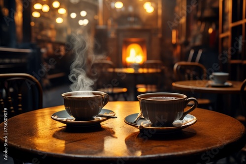 A table in a cozy cafe with steaming coffee cups