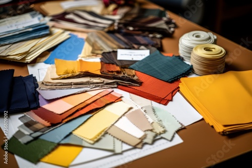 A tailor's sewing patterns and fabric swatches, ready to be used