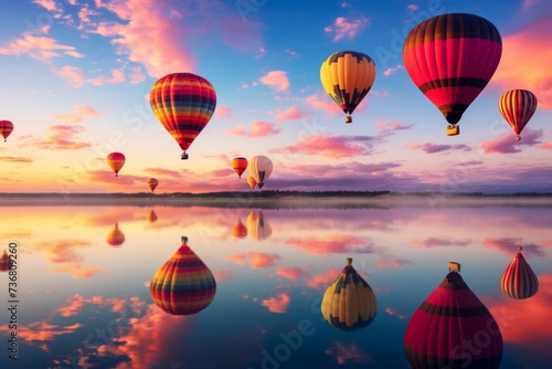 A vibrant reflection of colorful hot air balloons in a calm lake