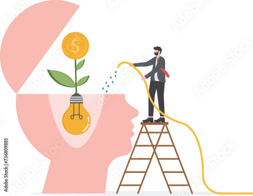 businessman watering plants from the brain put think growth mindset self-improvement and self-improvement ideas concept vector

