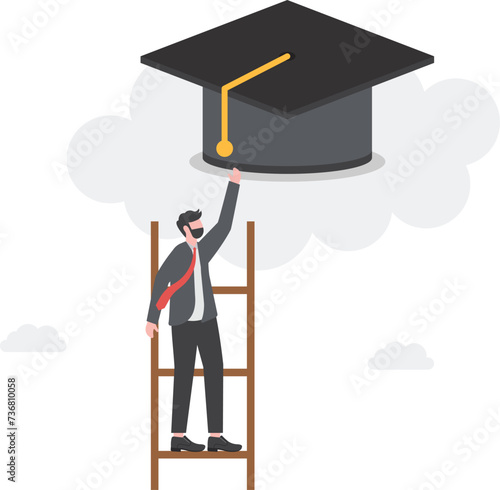 High education, cost and expense to graduate high degree education concept, graduation cap on high cloud with ladder.

