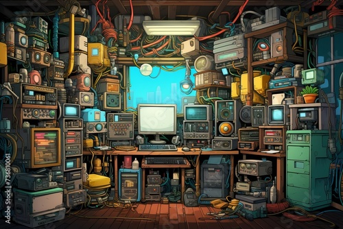 Picture a whimsical fusion of antiquated technology and animation with an old tech cartoon background, featuring comical devices, Generative AI photo