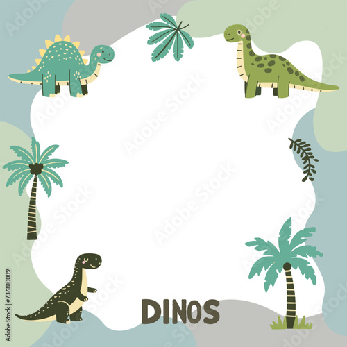 Dinosaur set of frames for kids photos, templates or invitations. Vector illustration of a dino with a blot frame in simple cartoon hand-drawn style.