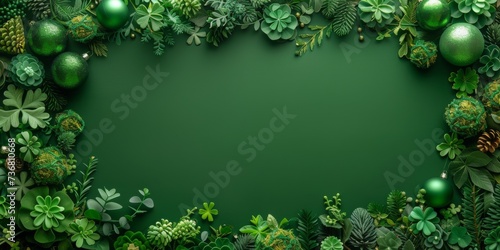 A decorative border for St. Patrick's Day with green shamrocks, festive ornaments, and space for text on a dark green background.