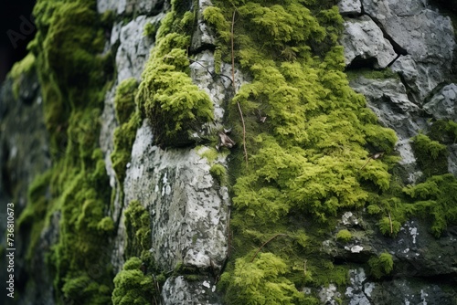 A close-up of a weathered stone wall with moss and lichen