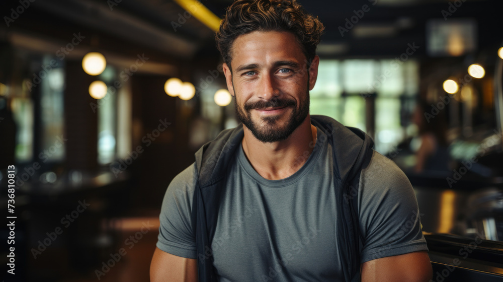 Man trainer smiling at fitness gym abstract background. Generative ai. Man trainer smiling at fitness gym abstract background. Generative ai.