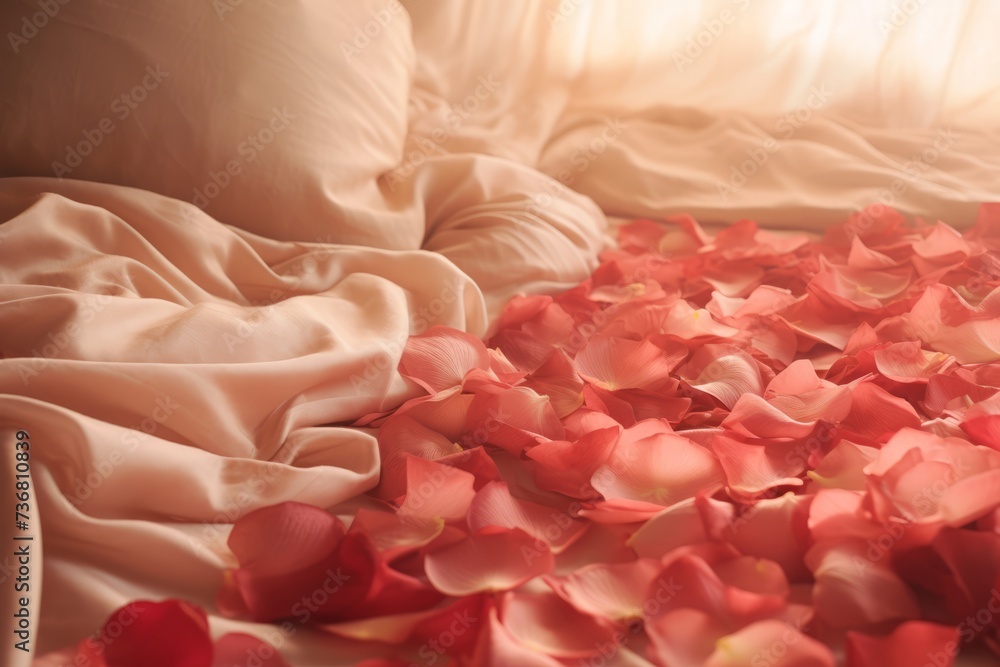 Soft-focus rose petals scattered on a bed Soft-focus rose petals scattered on a bed