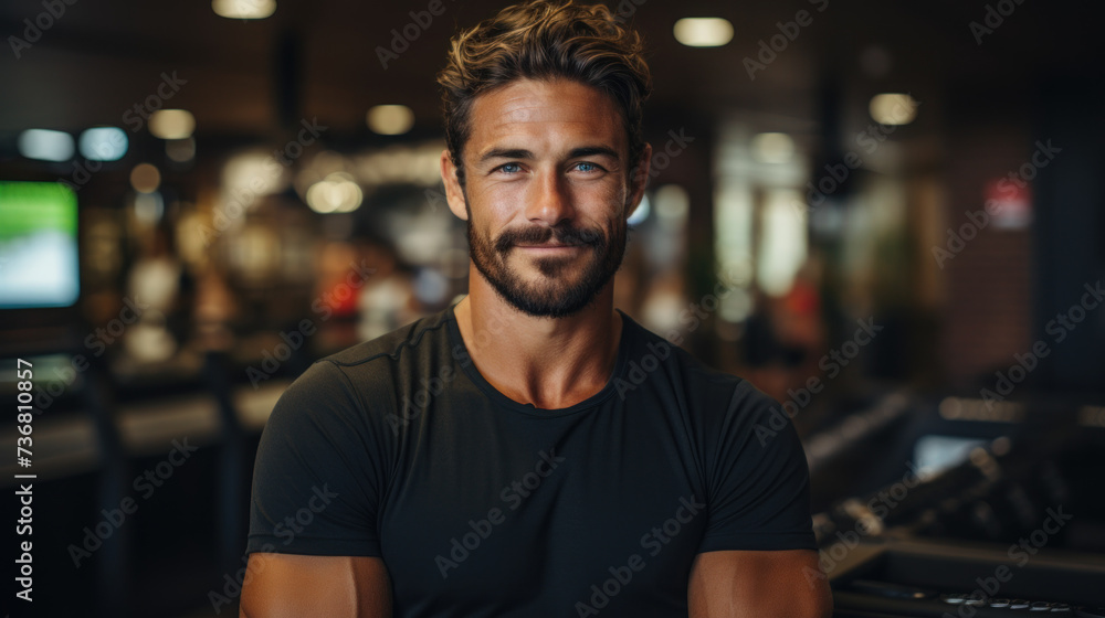 Man trainer smiling at fitness gym abstract background. Generative ai. Man trainer smiling at fitness gym abstract background. Generative ai.