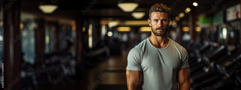 Man trainer smiling at fitness gym abstract background. Generative ai. Man trainer smiling at fitness gym abstract background. Generative ai.