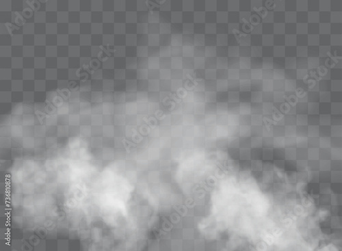 Przezroczysty efekt specjalny wyróżnia się mgłą lub dymem. Wektor chmura biały, mgła lub smog