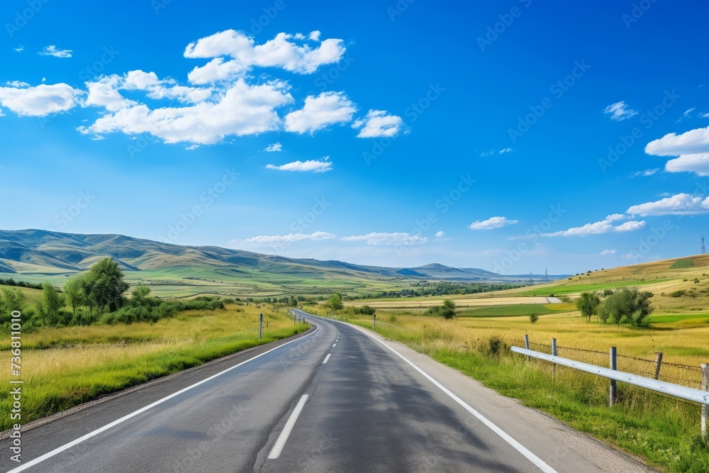 Experience the tranquility of an open road in the countryside, where the absence of traffic allows you to appreciate the beauty of nature, complemented, Generative AI