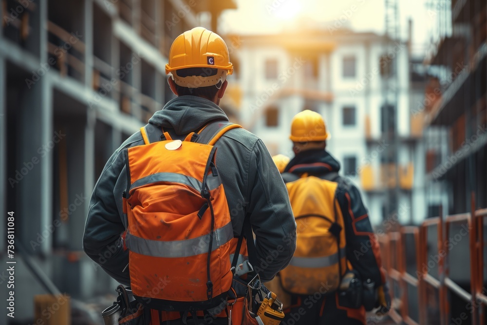 Back view of Construction workers with safety equipment working at the building in the construction site. Generative AI. Back view of Construction workers with safety equipment working at the building in the construction site. Generative AI.
