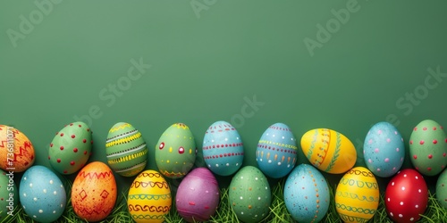 A cheerful lineup of brightly colored Easter eggs, each uniquely decorated, set against a green background.