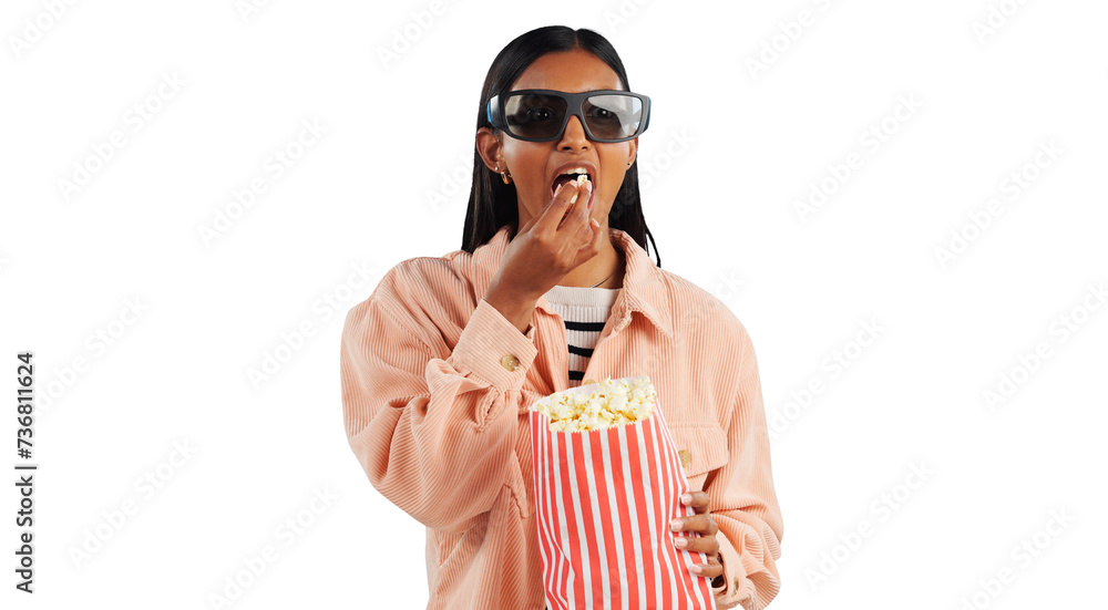 Obraz premium Woman, cinema and 3D glasses with popcorn, streaming and entertainment with vision for leisure. Theater, corn snack and film or movie with user experience and isolated on transparent png background