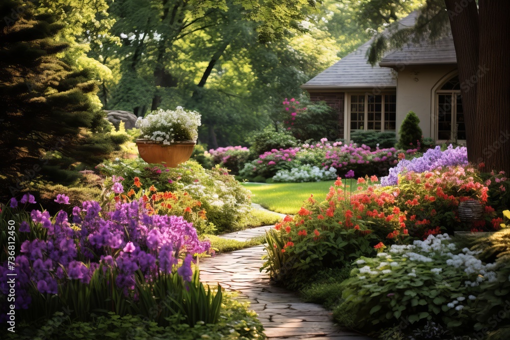 A serene garden with colorful afternoon blooms