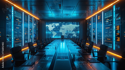 A high-tech office boardroom equipped with transparent interactive displays showing real-time data analytics where a diverse team of professionals collaborates on innovative photo