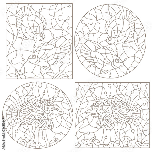 Set of contour illustrations of stained glass Windows with fishes, dark outlines on a white background