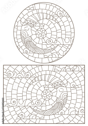 Set of contour illustrations of stained glass Windows with the moon and sky, , dark contours on white background