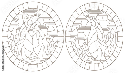 Set of outline illustrations of stained glass Windows with penguins, dark outlines on white background