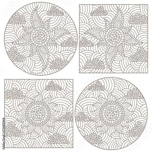 Set of contour illustrations in stained glass style with the sun and clouds in the sky, dark contours on a white background