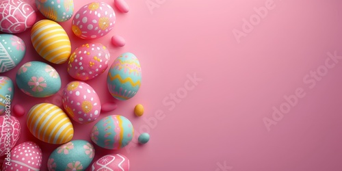 Vibrantly painted Easter eggs arranged on a bright pink background, symbolizing Easter celebrations and springtime joy.
