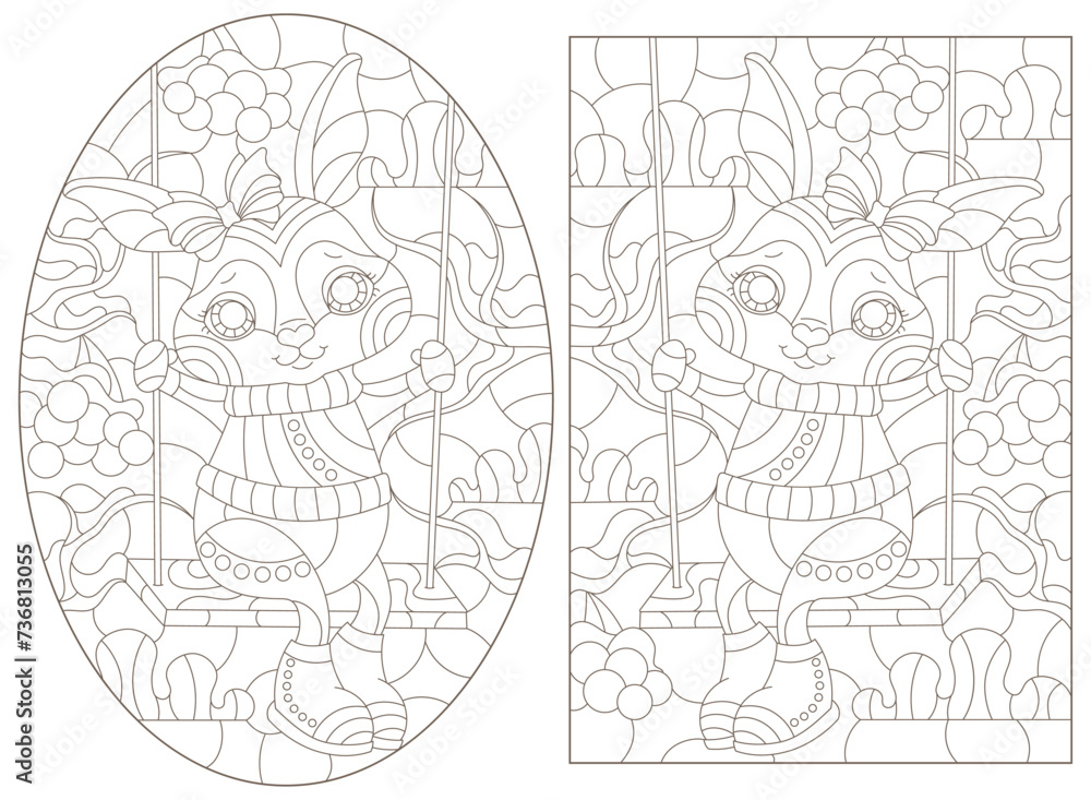 A set of contour illustrations in the style of stained glass with cute rabbits on a swing, dark contours on a white background