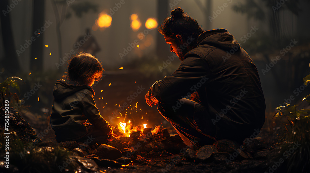 photo of family camping in the forest with a campfire on a dark background