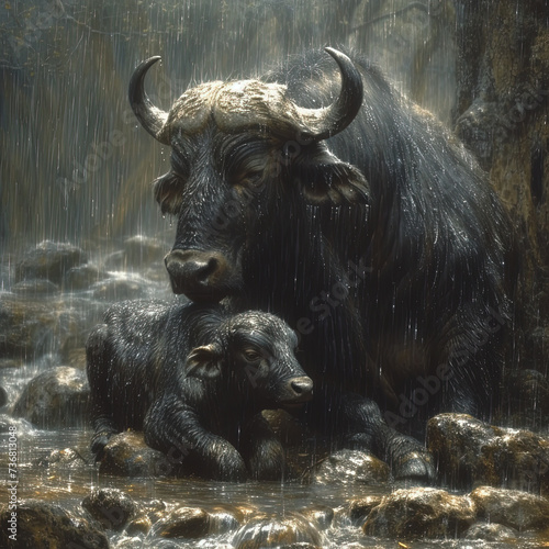 a large bull and a baby bull in the water