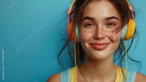 A joyful teenage girl with freckles and a warm smile, enjoying music on yellow and orange headphones against a blue background. 