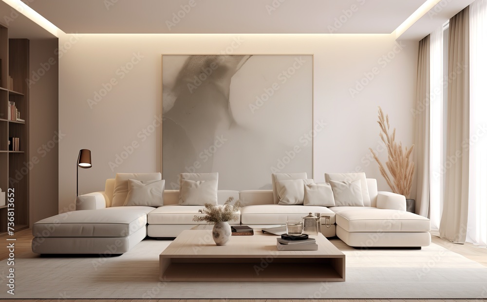 Fototapeta premium ideas for arranging a family or guest room with sofas, lamps, potted ornamental plants, tables that are simple and minimalist but still give the impression of being clean and elegant.