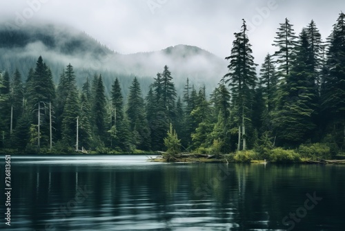 Majestic evergreen trees towering over a lake