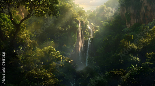 scene with rays of light and sun waterfall 