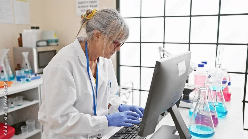 Mature woman scientist working on computer in laboratory setting with beakers and microscope Mature woman scientist working on computer in laboratory setting with beakers and microscope