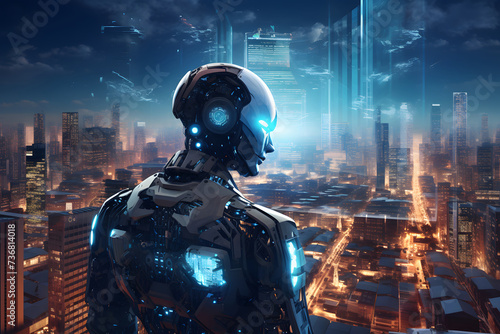 未来のテクノロジーでAIロボット型ビジネスマンが世界を監視している