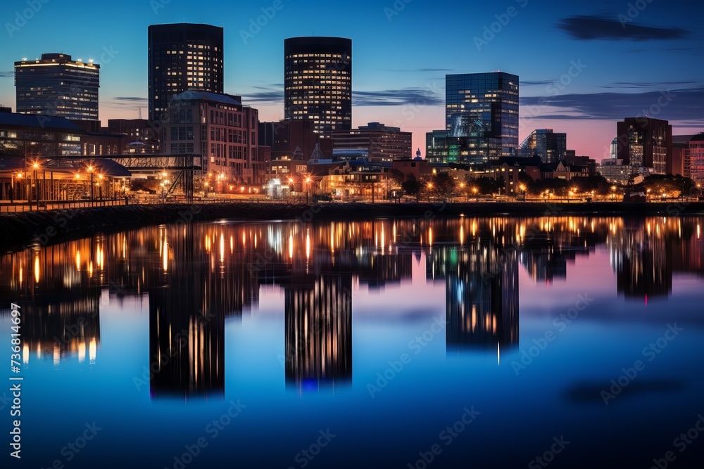 The city reflecting in a glassy river at dusk