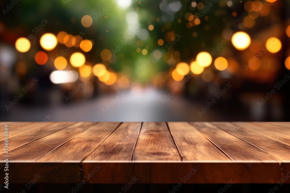 The empty wooden table top with blur background of outdoor cafe at the ...