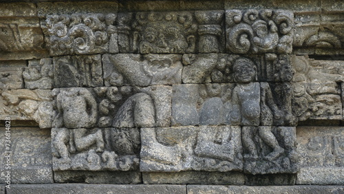 Relief on the wall of Tegowangi temple in Kediri, East Java. This temple is the place for the Bhre Matahun Pendharmaan