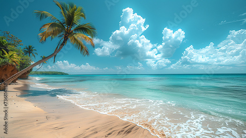 a palm tree on a beach with the ocean in the background. white sand and turquoise blue water