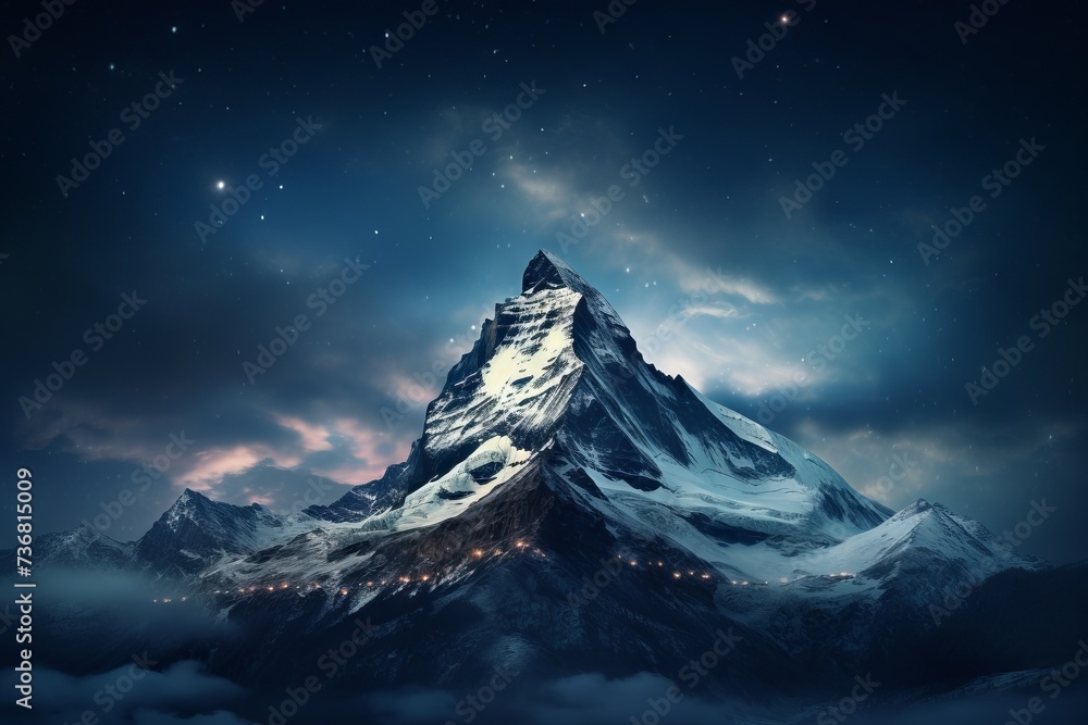 The majesty of a mountain peak against a starry sky