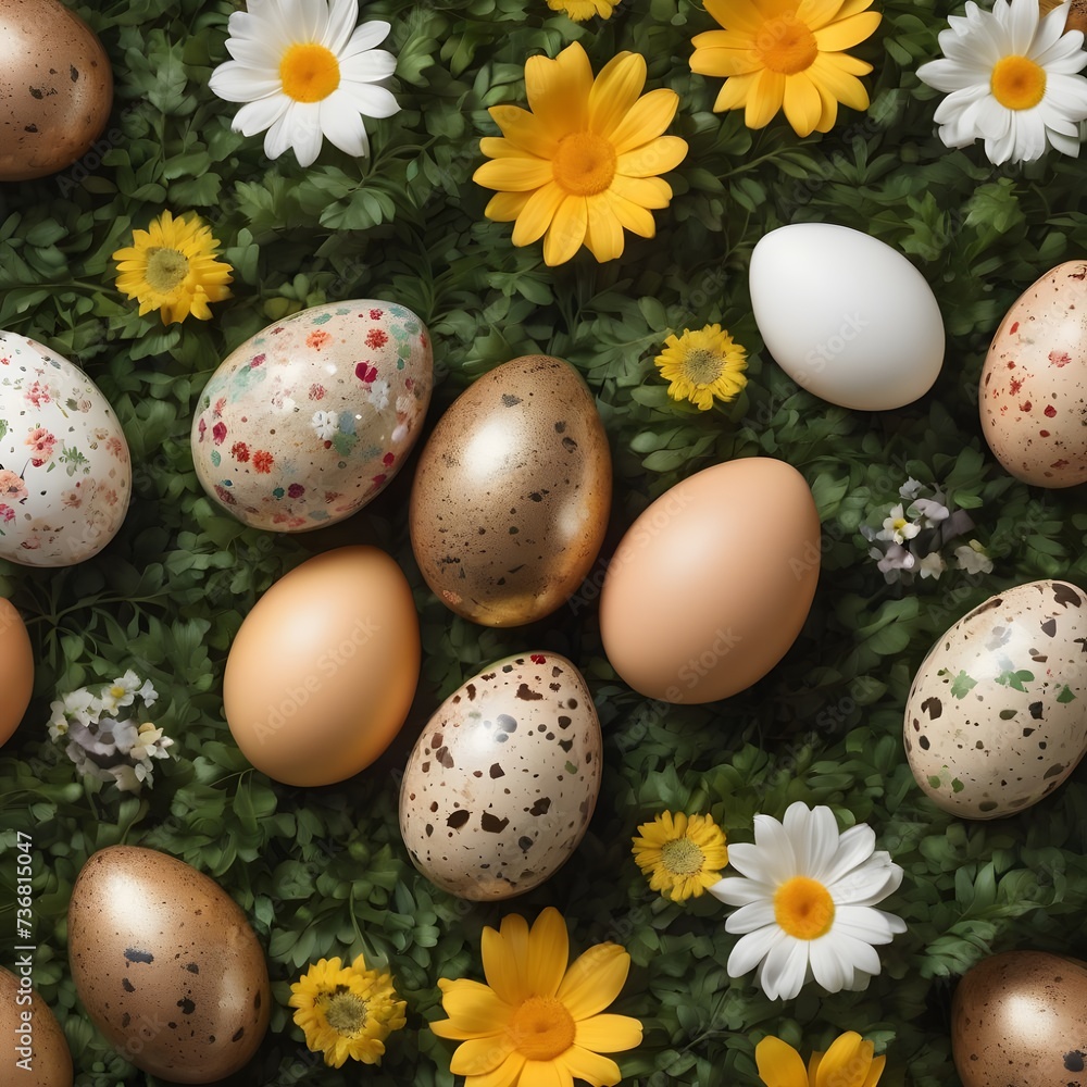 Easter egg shape made of flowers, leaves and quail eggs. Natural Floral pattern Easter egg shape made of flowers, leaves and quail eggs. Natural Floral pattern