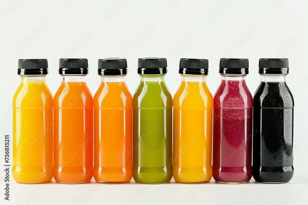 Assorted Fresh Juice Bottles on a White Background. Generative AI. Assorted Fresh Juice Bottles on a White Background. Generative AI.