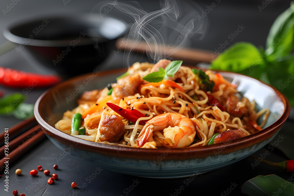 Hokkien mee is a Chinese dish served with fish balls and shrimp, pork belly against a dark background, with a pair of chopsticks resting beside the plate, and steam rising off the dish. AI Hokkien mee is a Chinese dish served with fish balls and shrimp, pork belly against a dark background, with a pair of chopsticks resting beside the plate, and steam rising off the dish. AI