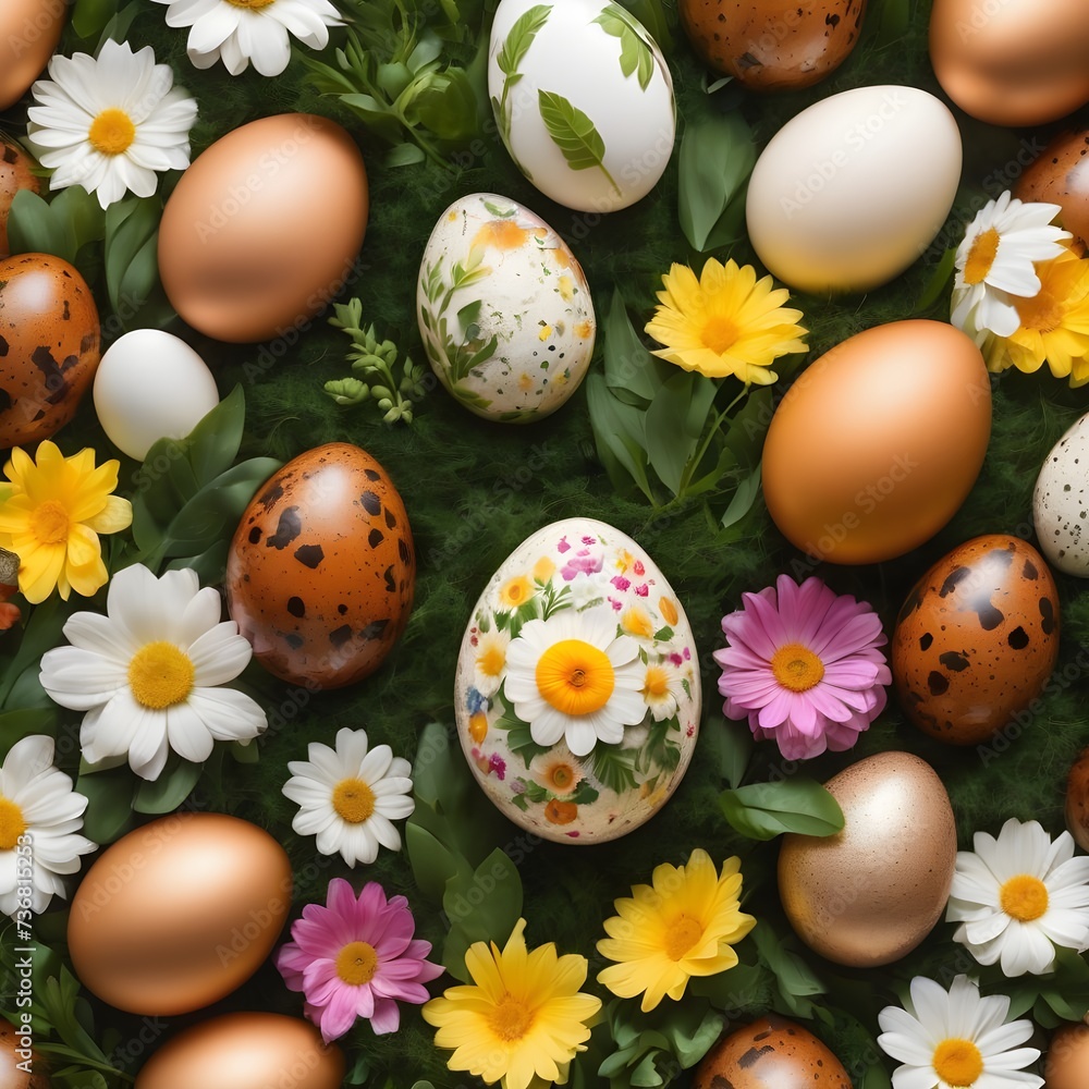 Easter egg shape made of flowers, leaves and quail eggs. Natural Floral pattern Easter egg shape made of flowers, leaves and quail eggs. Natural Floral pattern