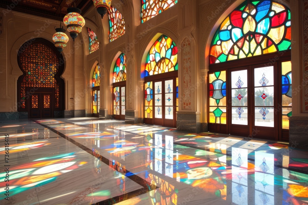 The interior of the beautiful mosque with beautiful glass wall decorations The interior of the beautiful mosque with beautiful glass wall decorations