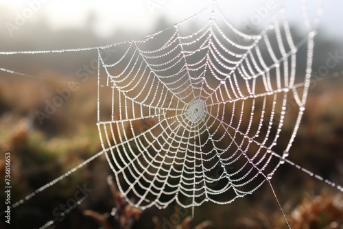 A close up of a spiderweb glistening with morning dew  showcasing intricate survival skills