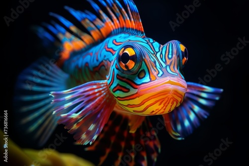 A close-up of a vibrant Mandarin fish with striking colors