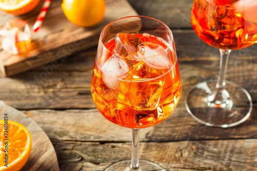 Glass of spritz cocktail on wooden table